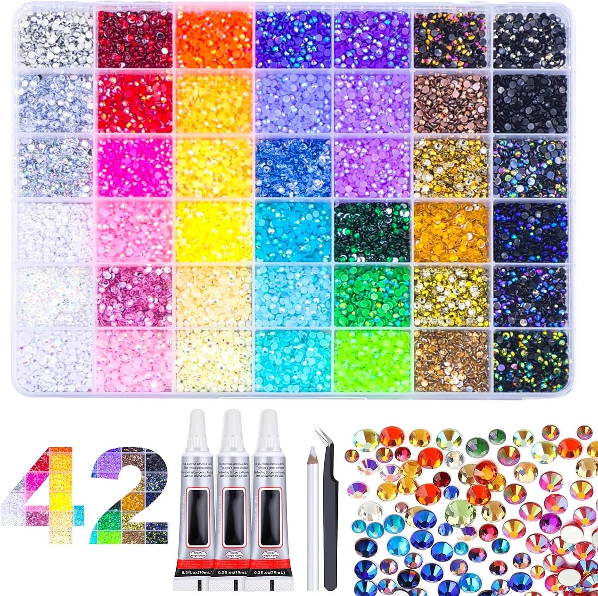 32000 stuks strass-steentjes, 42 kleuren glitterstenen met lijm om te knutselen, 3 mm ronde glitter edelstenen, kleurrijke platte steentjes voor nageldesign, gezichtsmake-up, knutselwerk