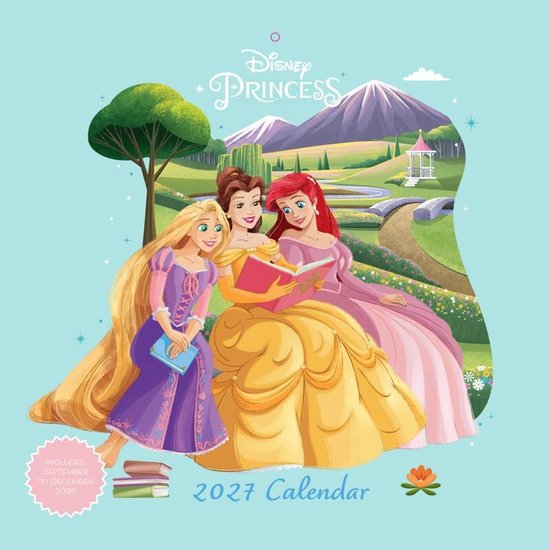 Disney Prinsessen 2027 kalender. Rapunzel, Belle en Ariel lezen samen een boek in een park met bergen en een gazeboo. Inclusief september tot december 2026.