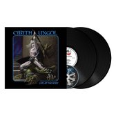 Albumhoes met man met zwaard vechtend tegen draak, met twee zwarte LP's en een CD ernaast. Tekst: CIRITH UNGOL LIVE AT THE ROXY.