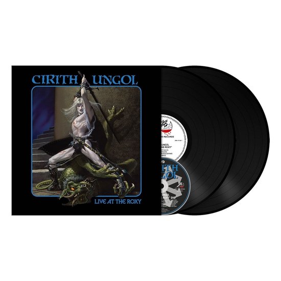 Albumhoes met man met zwaard vechtend tegen draak, met twee zwarte LP's en een CD ernaast. Tekst: CIRITH UNGOL LIVE AT THE ROXY.