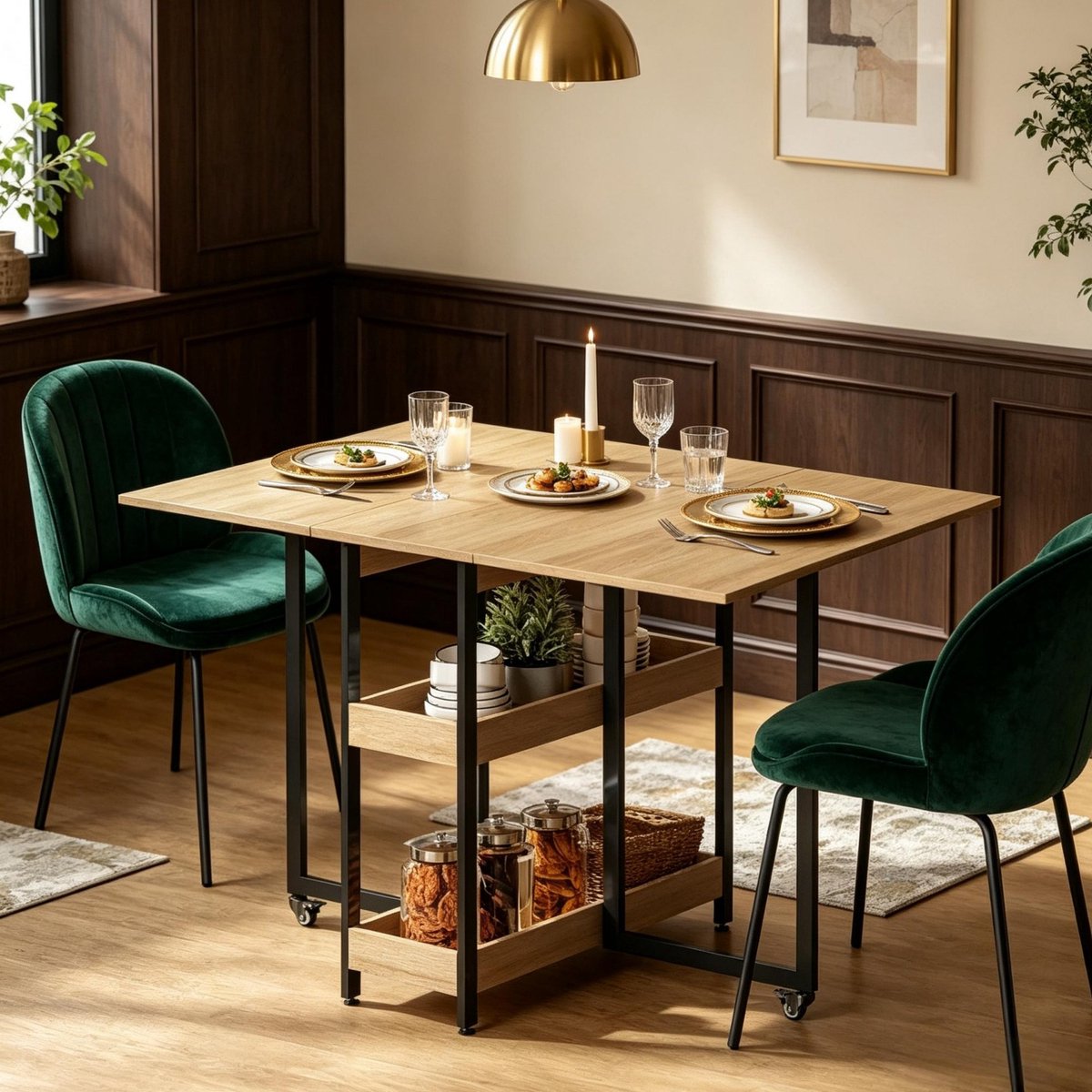 MODFU - Opklapbare Eettafel - Wielen En Opbergruimte - Voor 4 Personen - Eikenkleur - Hout En Metaal