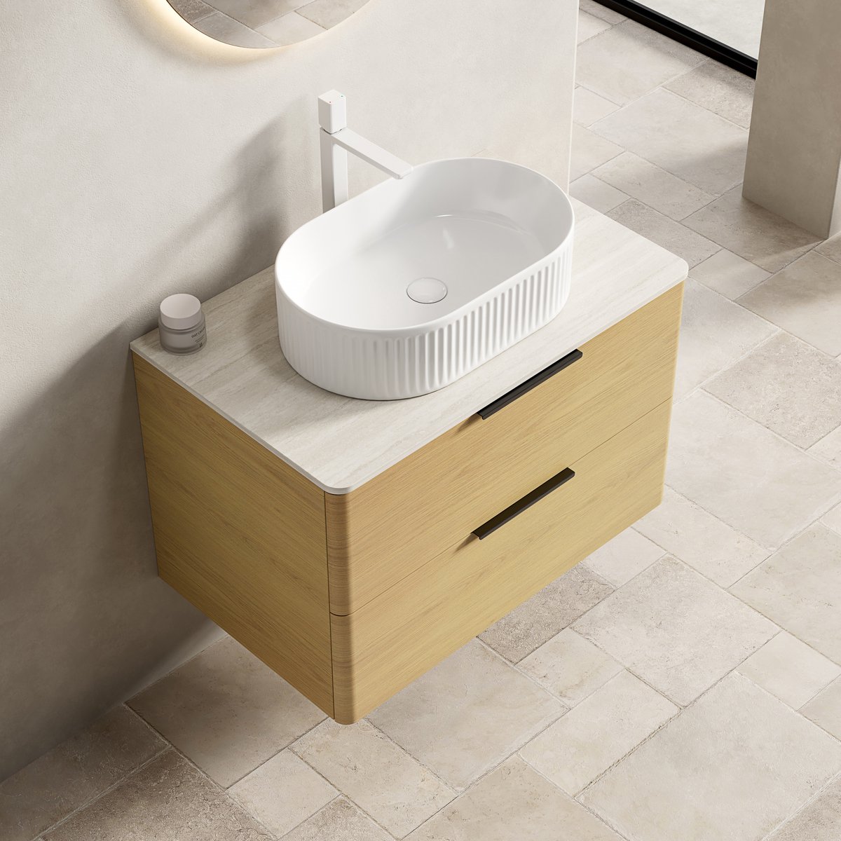 MEUNIQ Wandgemonteerd wastafelmeubel 75 cm met wit ovaal keramisch wasbak, travertijnkleurig sinterstenen blad, 2 softclose lades en eikenlook badkamerkast Beige