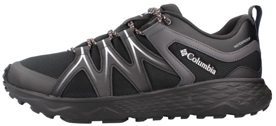 Zwarte Columbia wandelschoen met grijze accenten en een waterdicht logo aan de zijkant.