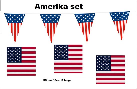 1x Vlaggenlijn USA 1000cm + 20x Servetten USA 33cm x 33cm 3 laags - Amerika set – USA thema feest voetbal