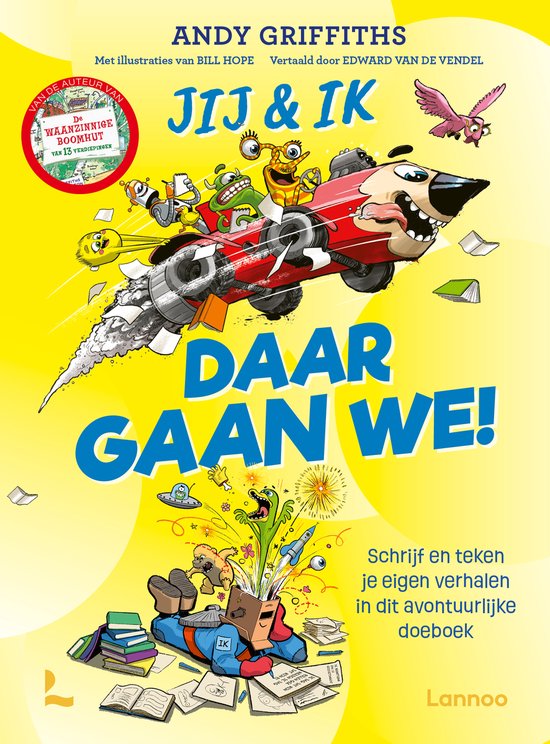 Voorzijde van een kinderboek met de titel 'Jij & Ik - Daar gaan we!' in grote letters. Er is een raceauto met monstergezichten en de titel "VAN DE AUTEUR VAN DE WAANZINNIGE BOEKELUI VAN DE VERDIENPISEN" in een cirkel.