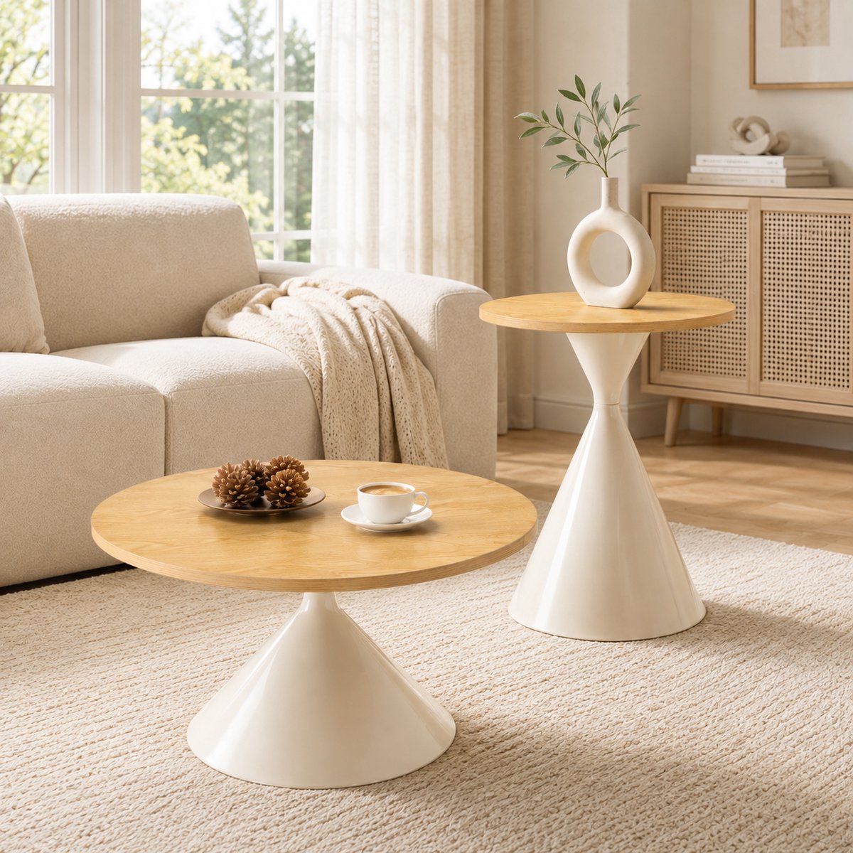 Ropilly Salontafel Set van 2 - Ronde Tafels met Houtlook - Ruimtebesparend Design - Woonkamer - Hout & Crème