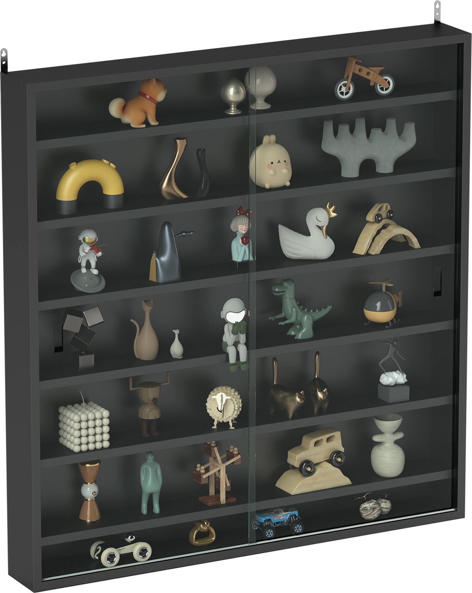 TEKROA® Vitrinekast - met zes planken en glazen deuren – 83H x 80W x 9.5Dcm - Zwart
