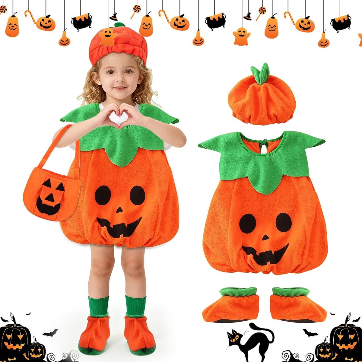 Halloween Pompoen Kostuum voor Kinderen met Hoed, Unisex Outfit met Pompoentas voor Jongens en Meisjes, Perfect voor Feesten en Trick or Treat
