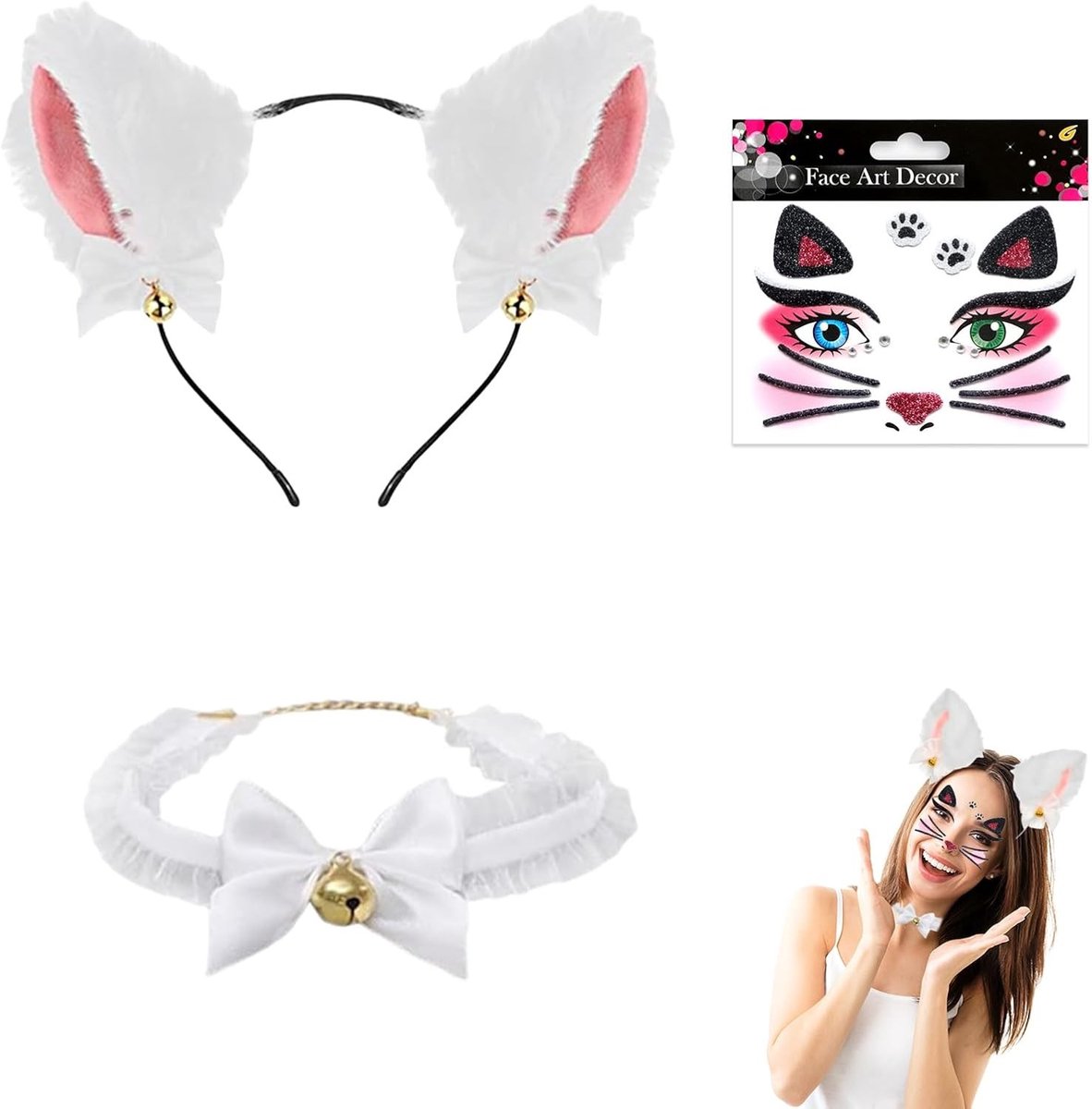 Schattige kattenkostuumset met oortjes, belhangertje en tattoo stickers voor feest, Halloween en carnaval