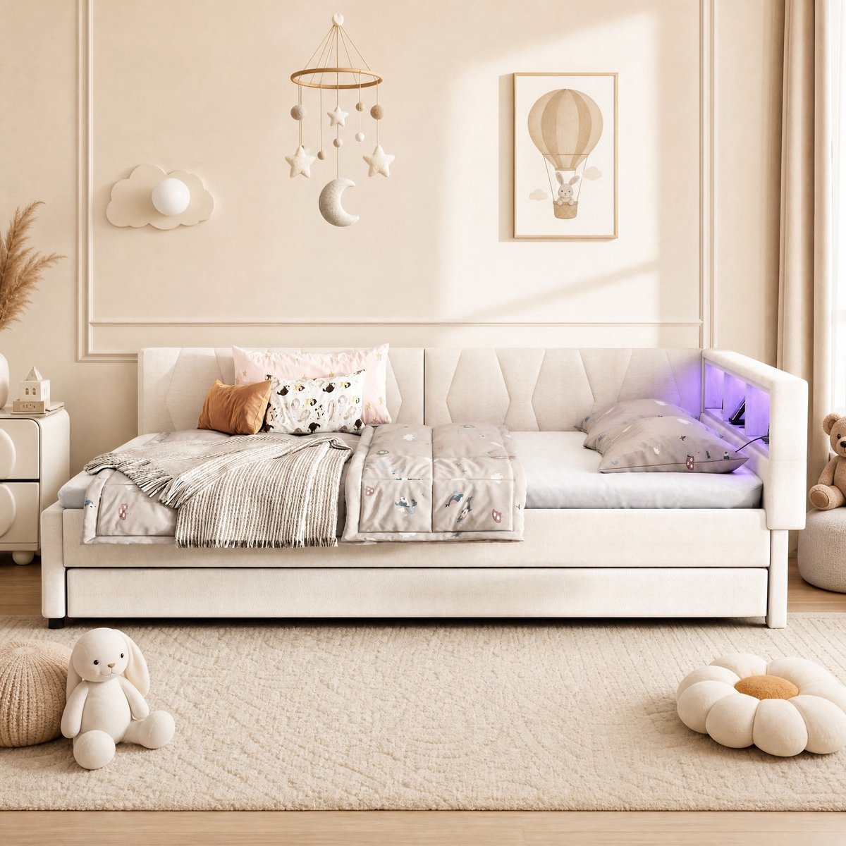 MEUNIQ Slaapbank 140 x 200 cm met uitschuifbaar bed, lattenbodem, USB en USB-C, LED-verlichting en opbergvakken, beige