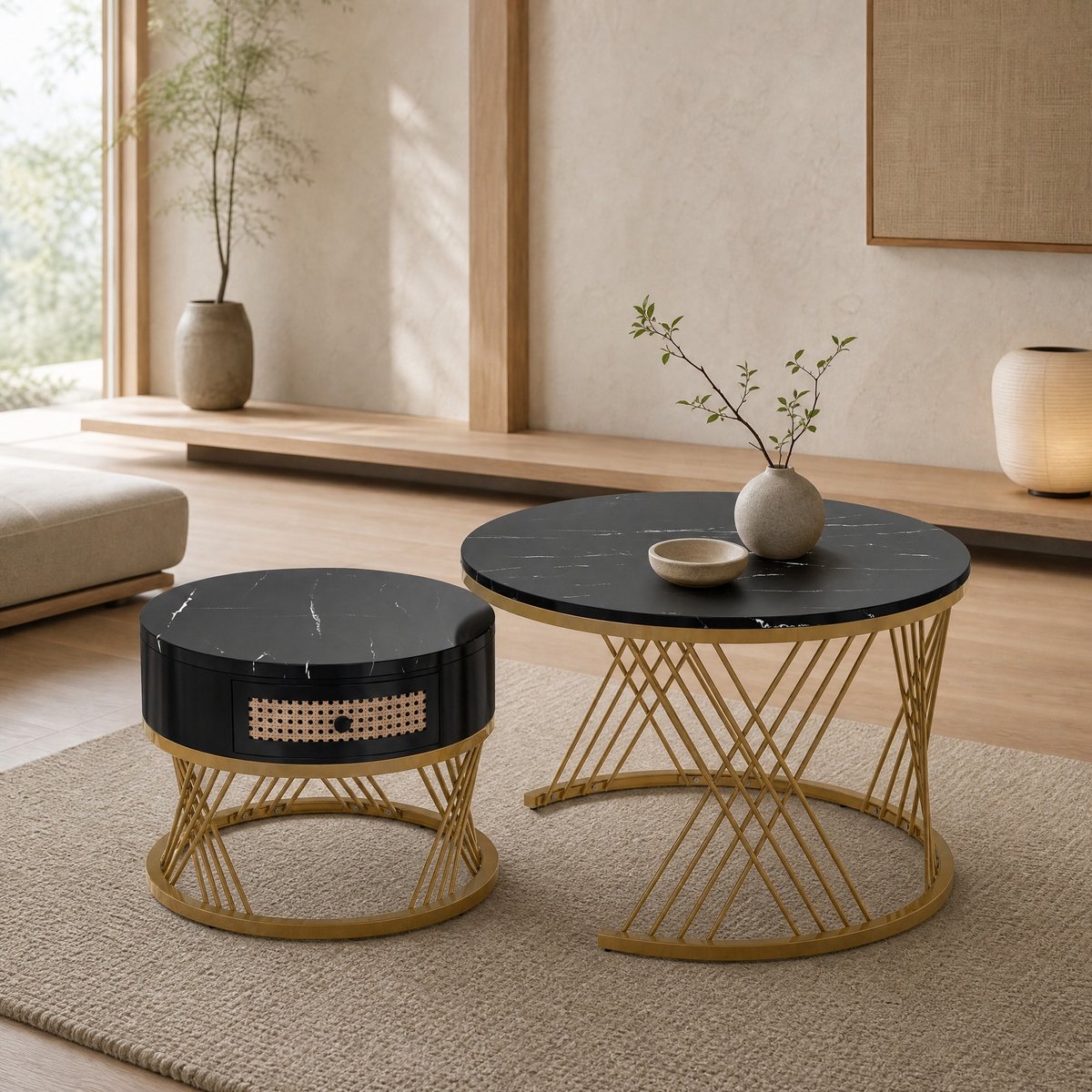 MEUNIQ 2-delige ronde salontafelset 70 en 50 cm met lade, marmerlook MDF tafelbladen en metalen poten voor woonkamer, zwart en goud