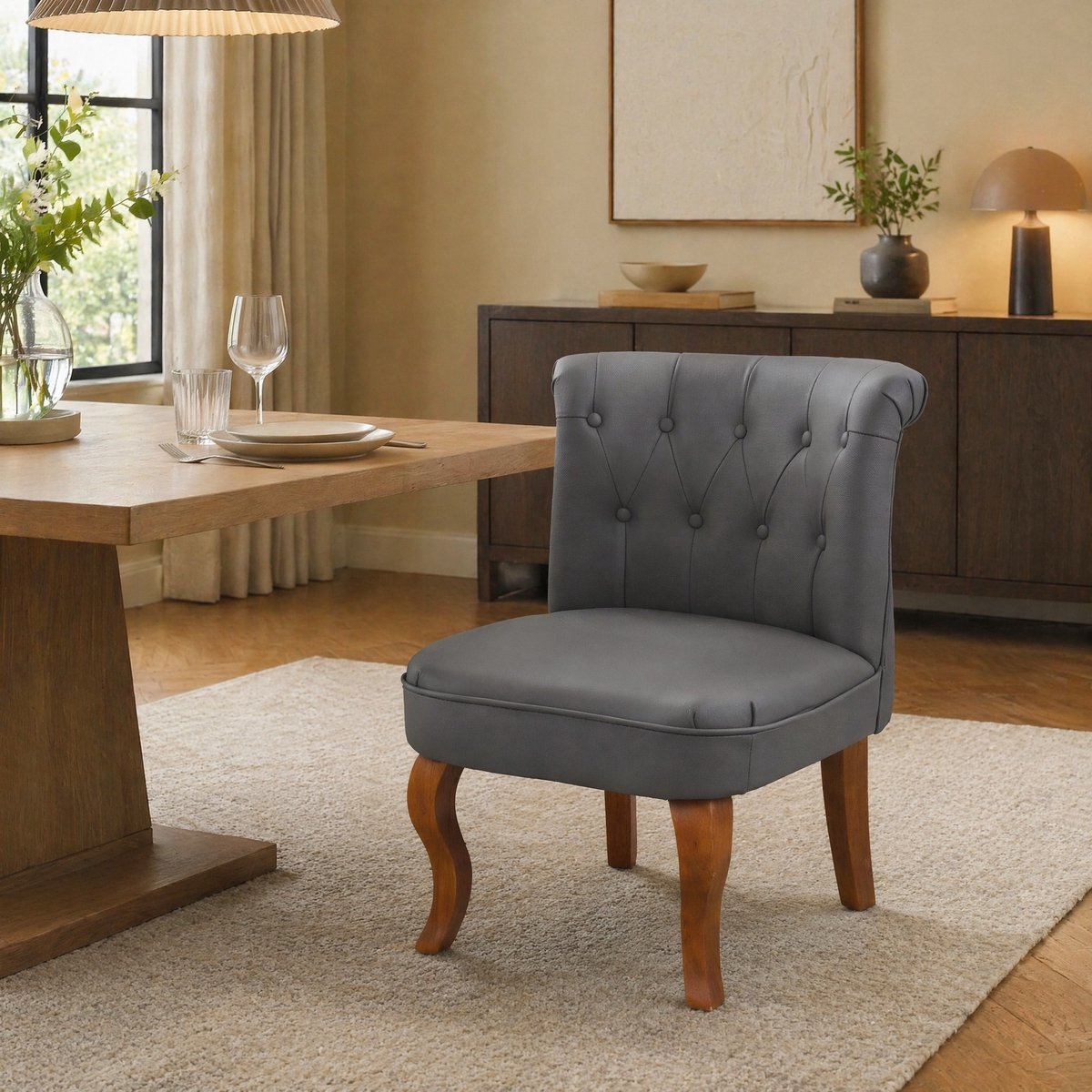 MEUNIQ Fauteuil van echt leer 56 x 60,5 x 72,5 cm - gecapitonneerde rugleuning, houten poten, grijs - voor woonkamer en eetkamer