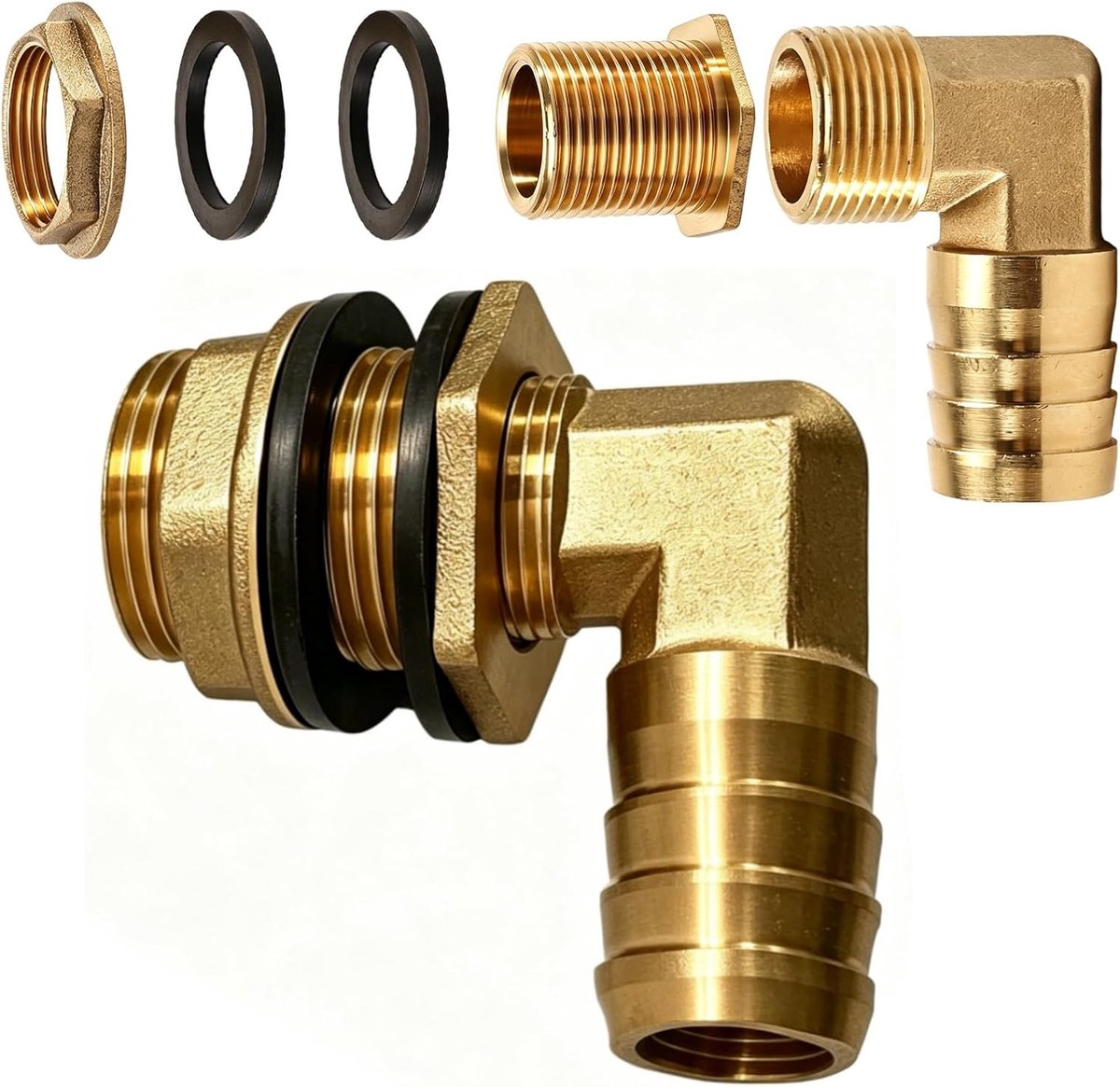 Tankdoorvoer met tuit, 3/4 inch IG x 1 inch AG vat schroefverbinding met 90° hoek slangtuit Ø 25 mm, tankschroefverbinding, regentondoorvoer voor regenton, watertanks, stortins