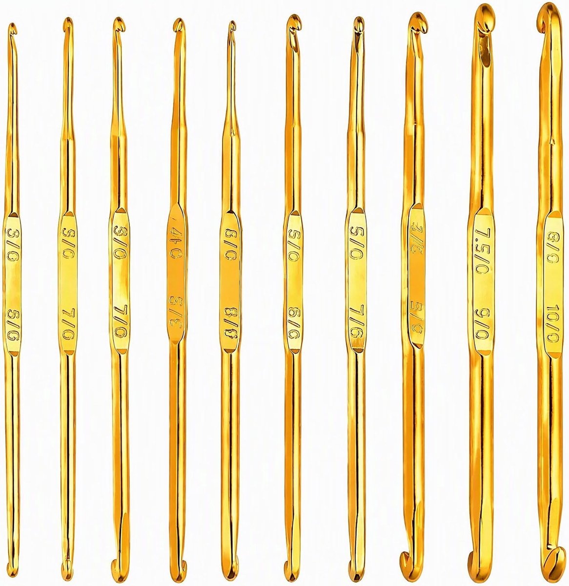 Haaknaaldenset, 10 maten, goud, aluminium, 13 cm, ergonomische handgreep