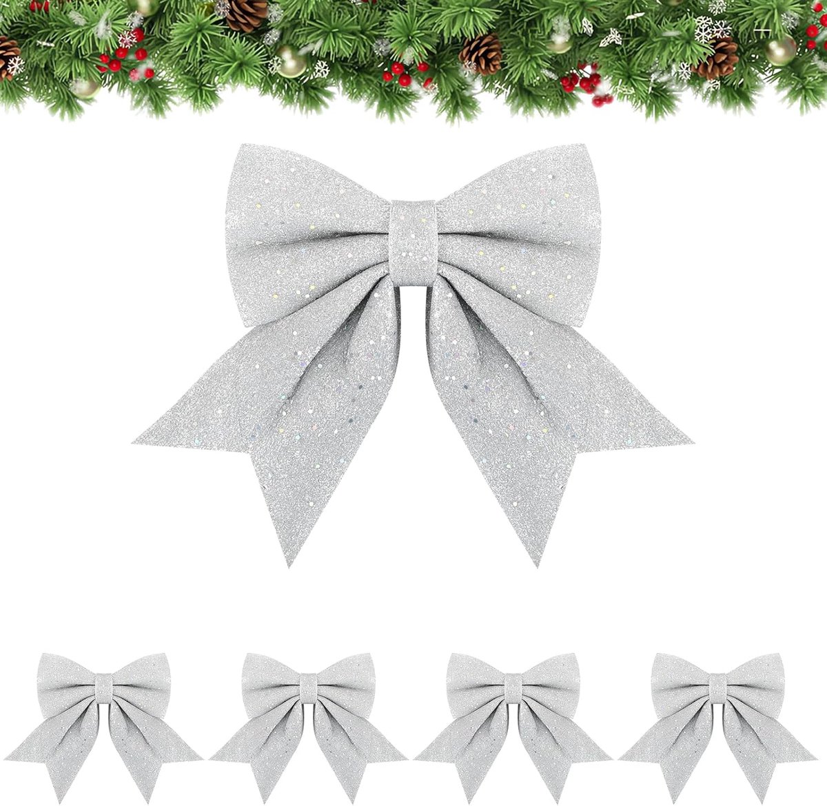 Strikken, zilver, 5 stuks grote kerststrikken, glinsterende kerststrikken, kerststrik voor kerstboom, slinger, dozen, cadeau, bruiloft