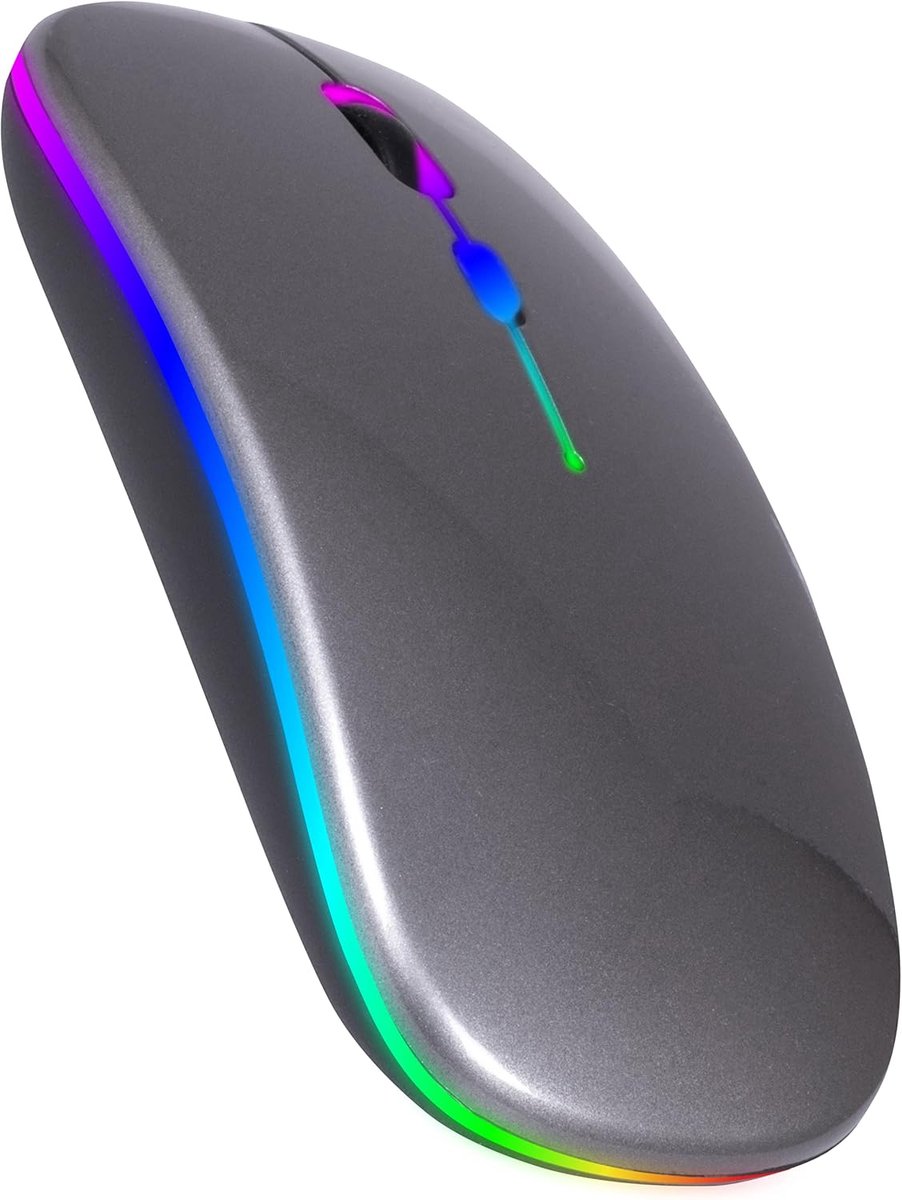 - Draadloze LED Bluetooth Muis - Ergonomisch - RGB - Laptop en Gaming - Oplaadbaar - Met USB Dongel - 3 DPI-standen (1000-1200-1600) - Draadloos (Grijs)