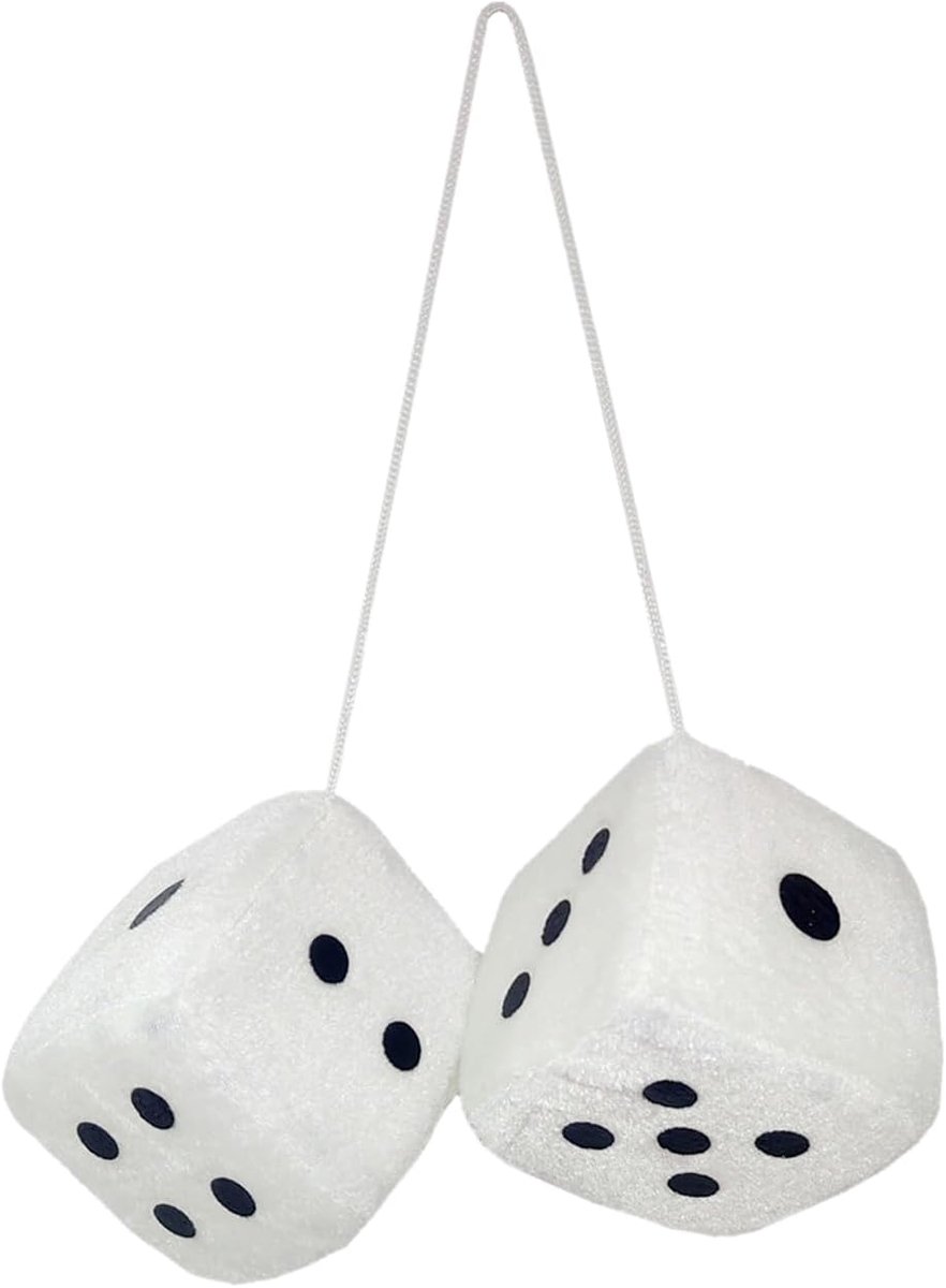 Pluche dobbelstenen om op te hangen, interieurdecoratie voor auto, aanhanger, vrachtwagen, retro vierkante hanger (wit)