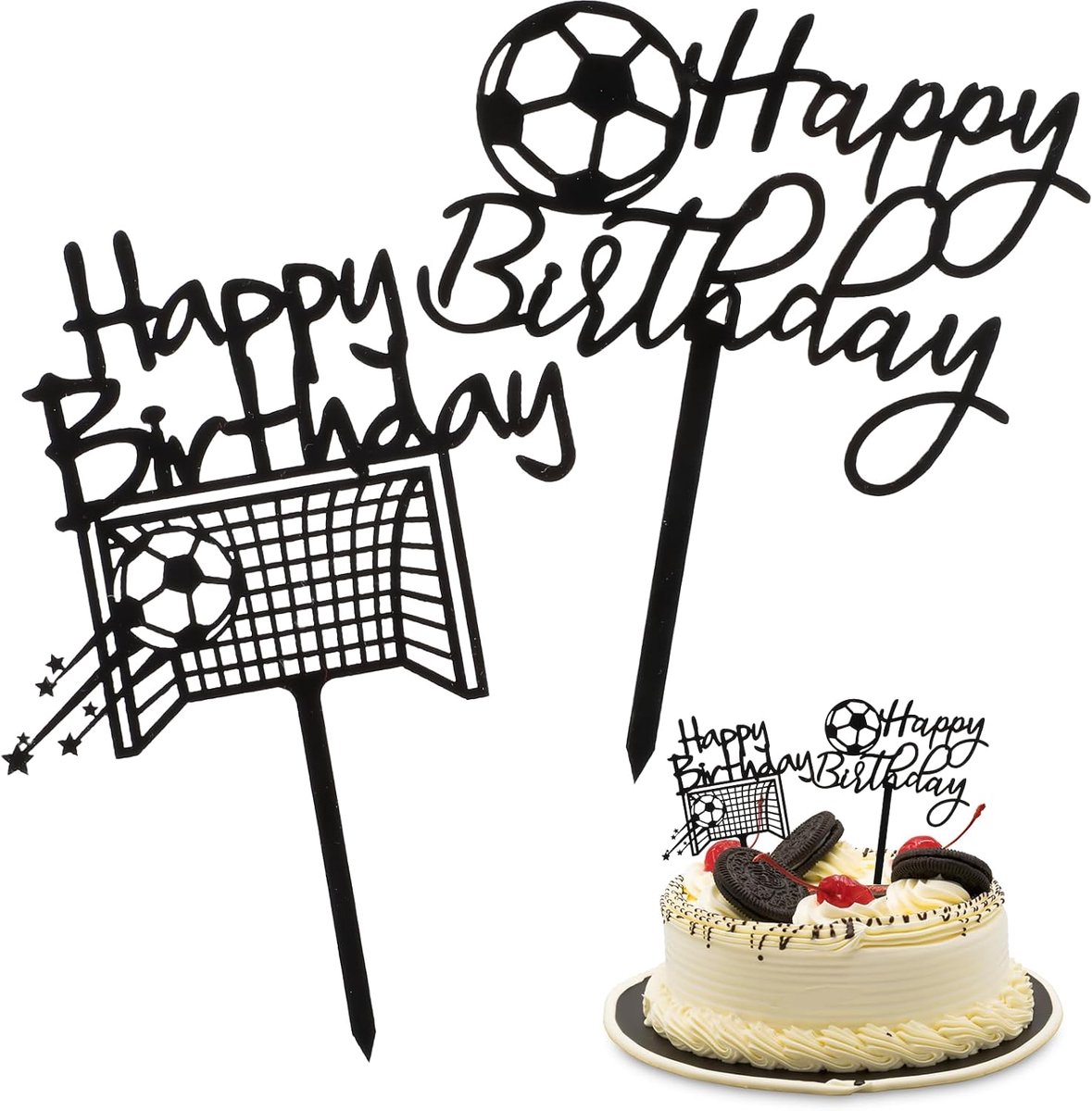 Voetbal, 2 stuks acryl taarttoppers met "Happy Birthday" voor voetbalverjaardagsfeesten, herbruikbare taarttoppers voor creatieve decoraties