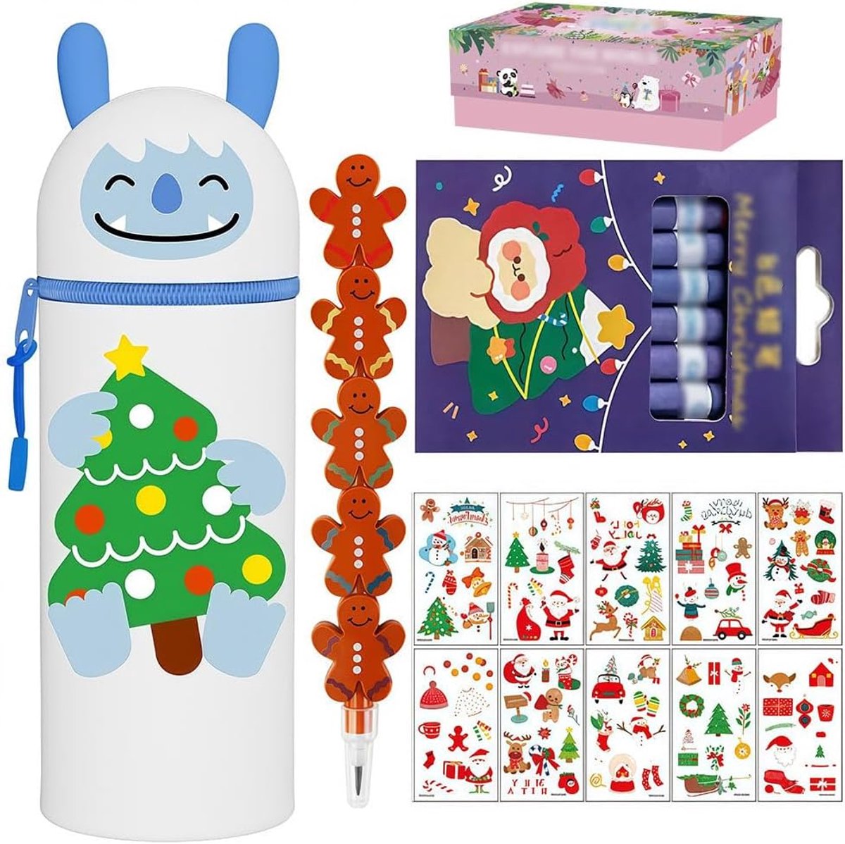2-in-1 siliconen pennenetui - Kawaii etui Yeti + 8 kleurpotloden + 10 tattoo-stickers + potlood - tafelpennenhouder, ritssluiting, pennenetui meisjes jongens