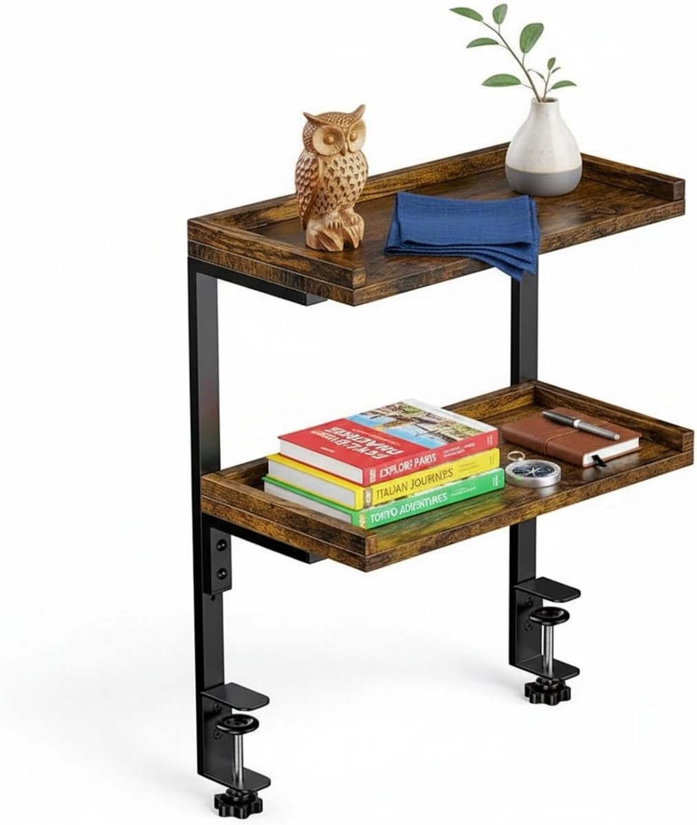 Klem op bureauplank, 2-laags opbergorganizer voor onder bureau, bruin hout en metaal, 31,8 x 16,7 x 42,8 cm, industriële stijl, kantoor- en gamingaccessoires