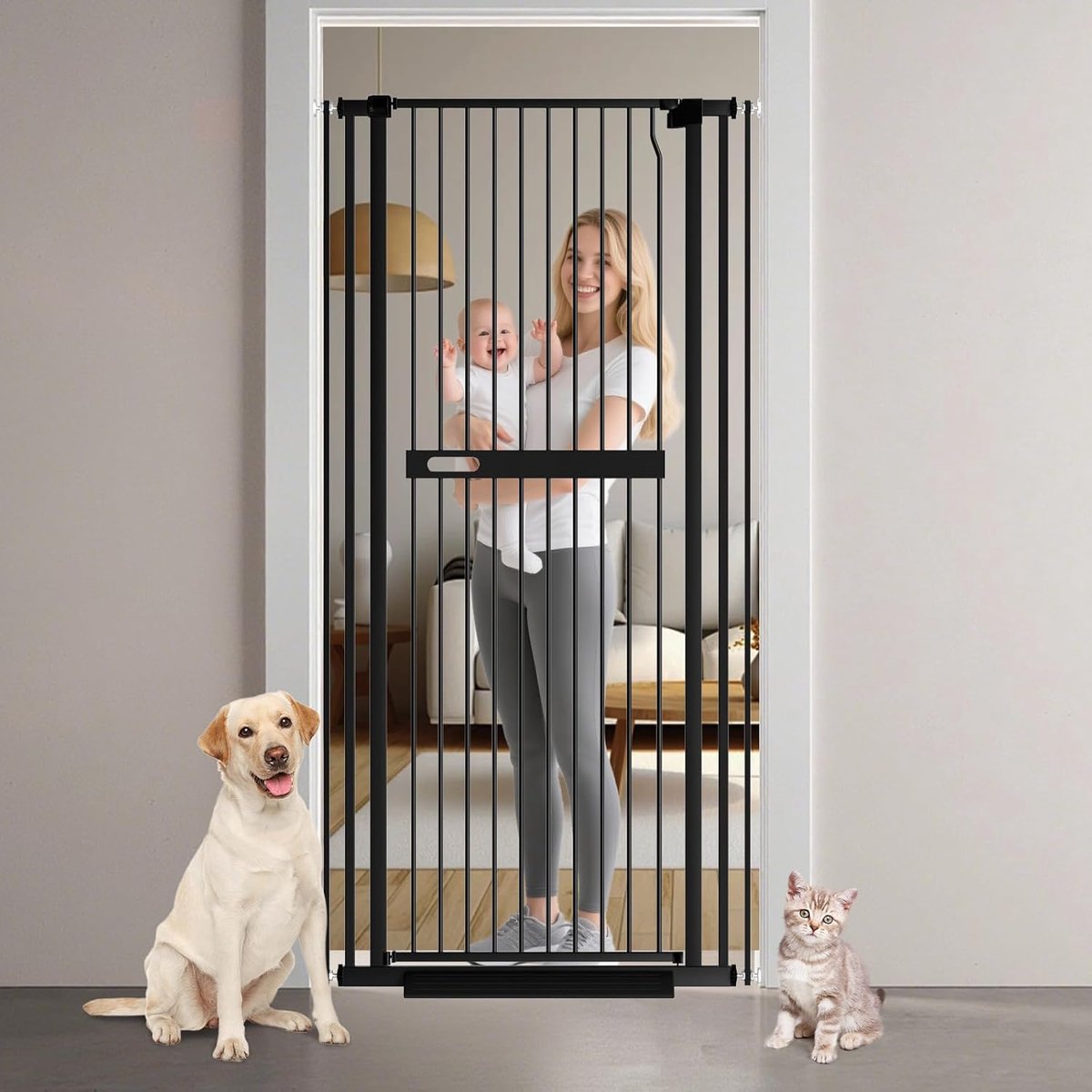 180 cm deurbeschermingshek, extra hoog, breedte 76-96 cm, kattentrapbeschermingshek, huisdierhek zonder boren, automatische sluiting, zwart