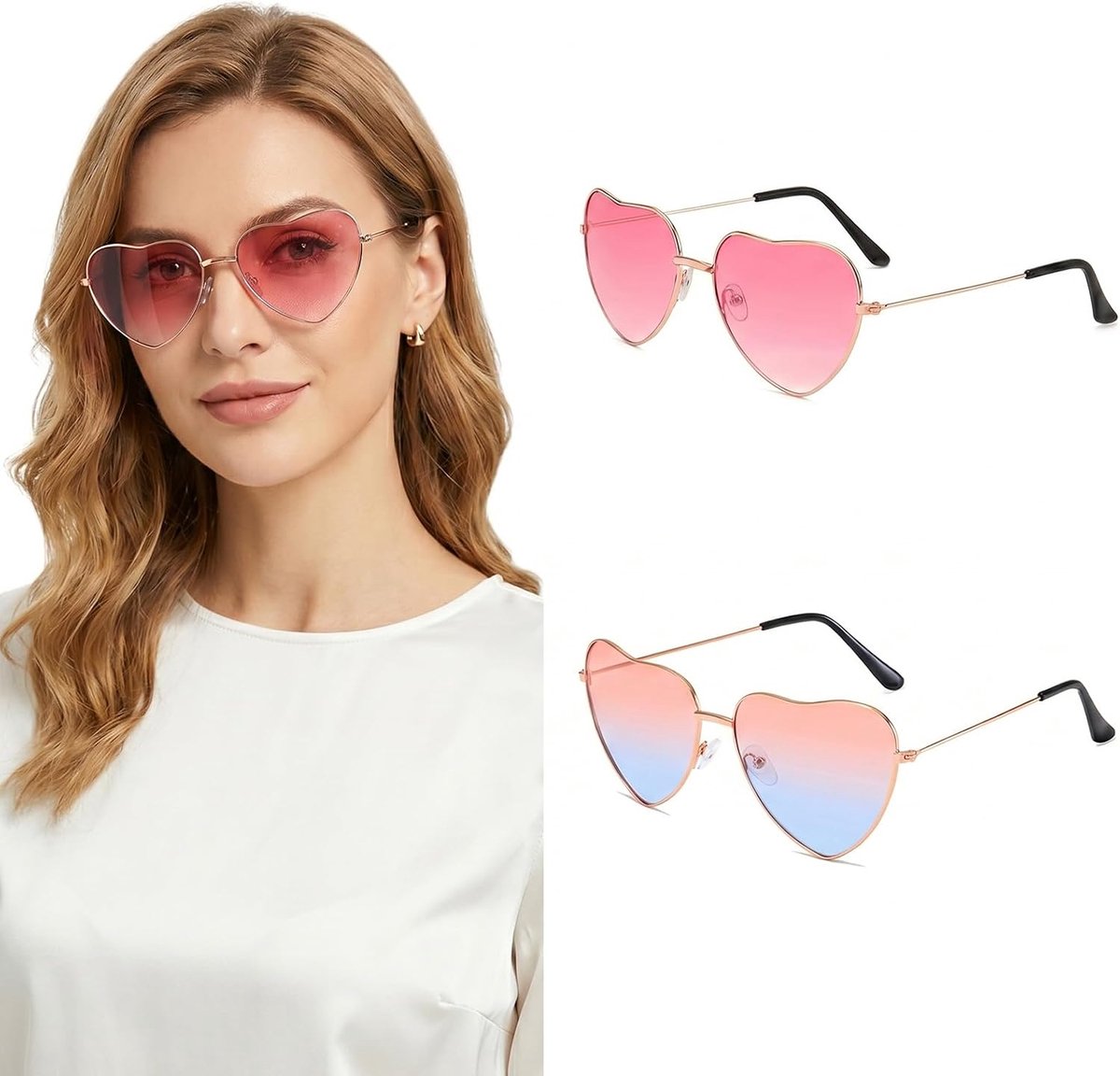Brillen voor dames, grappige partybril met metalen frame, retro hippiebril voor festivals, carnaval en fotocall, gekleurde glazen in roze en rood