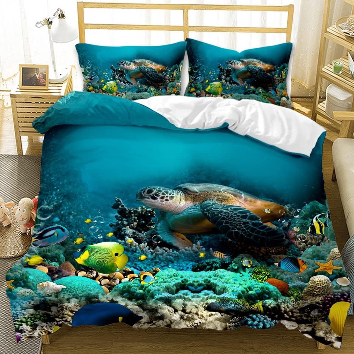 Beddengoed Zeeschildpadden 135×200cm Blauw onderwaterwereldthema zeepaardjes, kleine vissen en koraalrood patroon dekbedovertrek voor kinderen jongen meisje (Zeeschildpad)