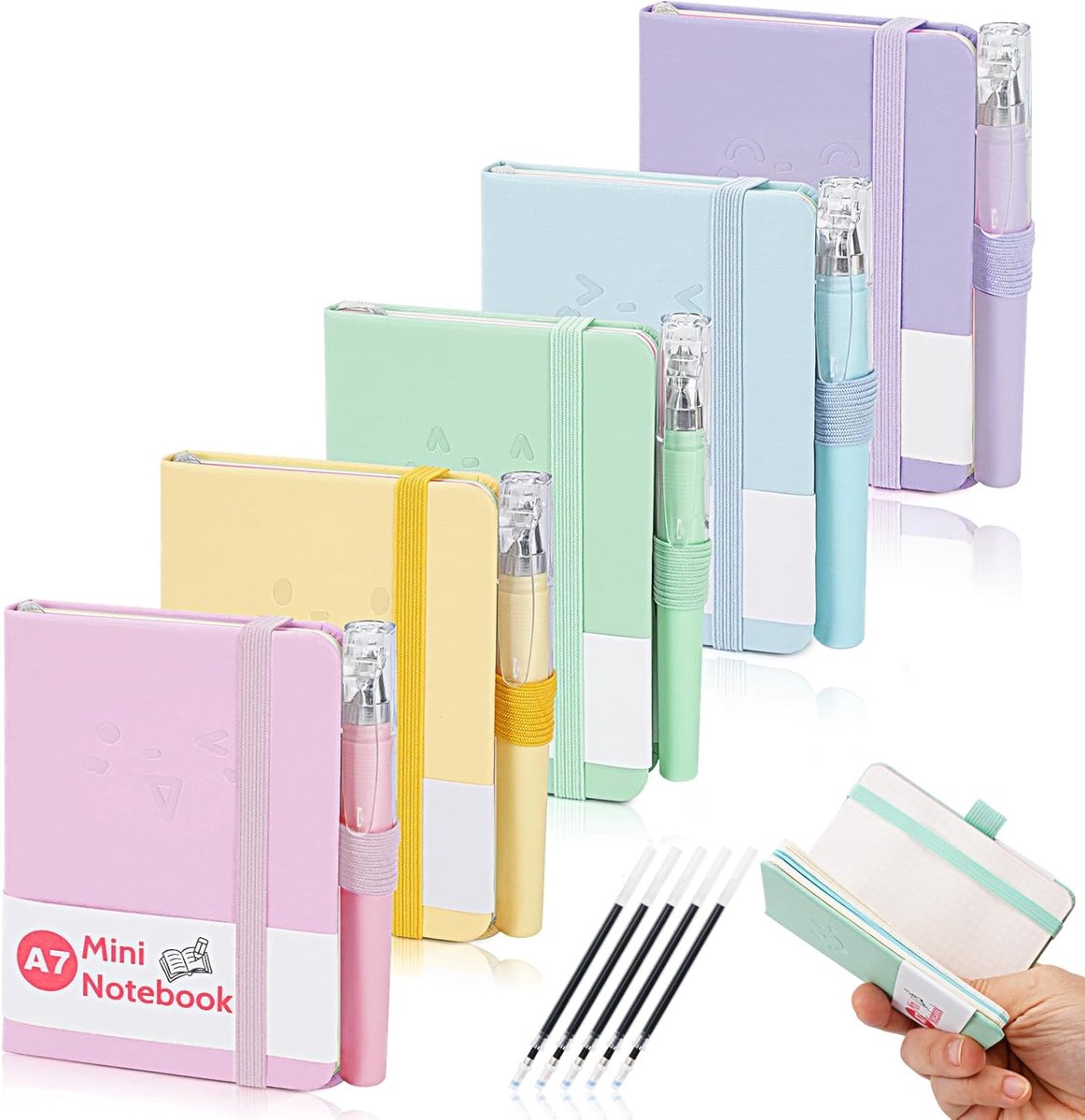 Kleine notitieboekjes zakformaat, A7-notitieboekje met pen, klein notitieblok met elastiek, mini-leren notitieboekje voor school, kantoor, memo's, dagboek,reizen (5 Stuks)