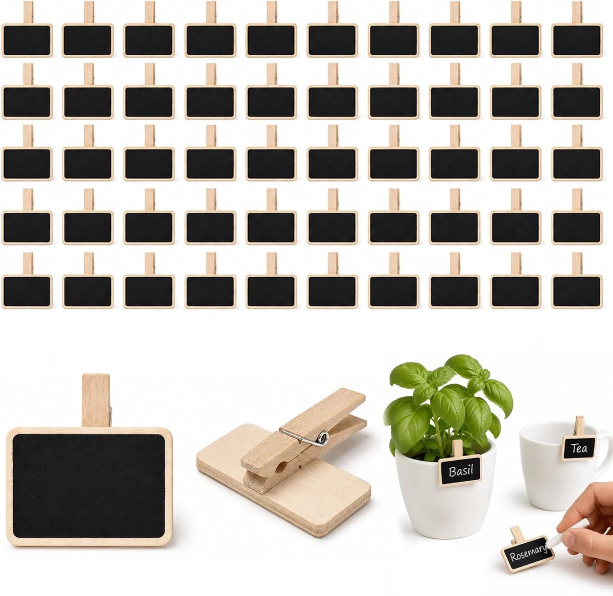 50 mini-borden om te beschrijven, van hout, buffetborden, kleine borden om te beschrijven, leisteen, met clip, kaartbord, memo, etiketten, plaatmarkering, foto, tags, decoratie, bruiloft