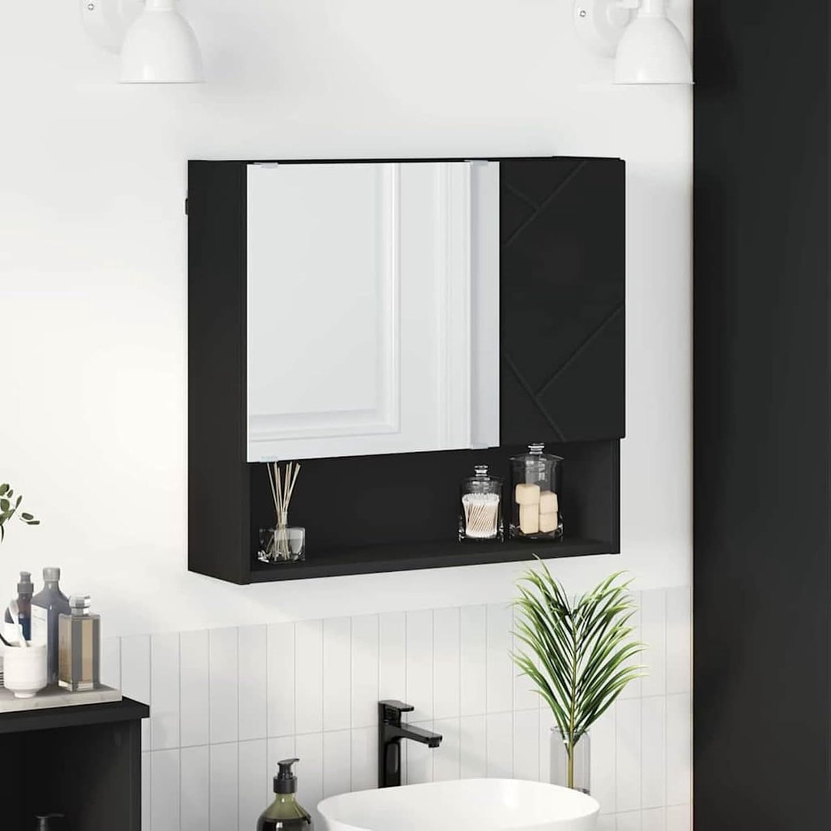 Spiegelkast met deur, zwart, 59 x 17 x 55 cm, houtmateriaal, wandmontage, 2 scharnierdeuren, spiegel, voor badkamer en interieur