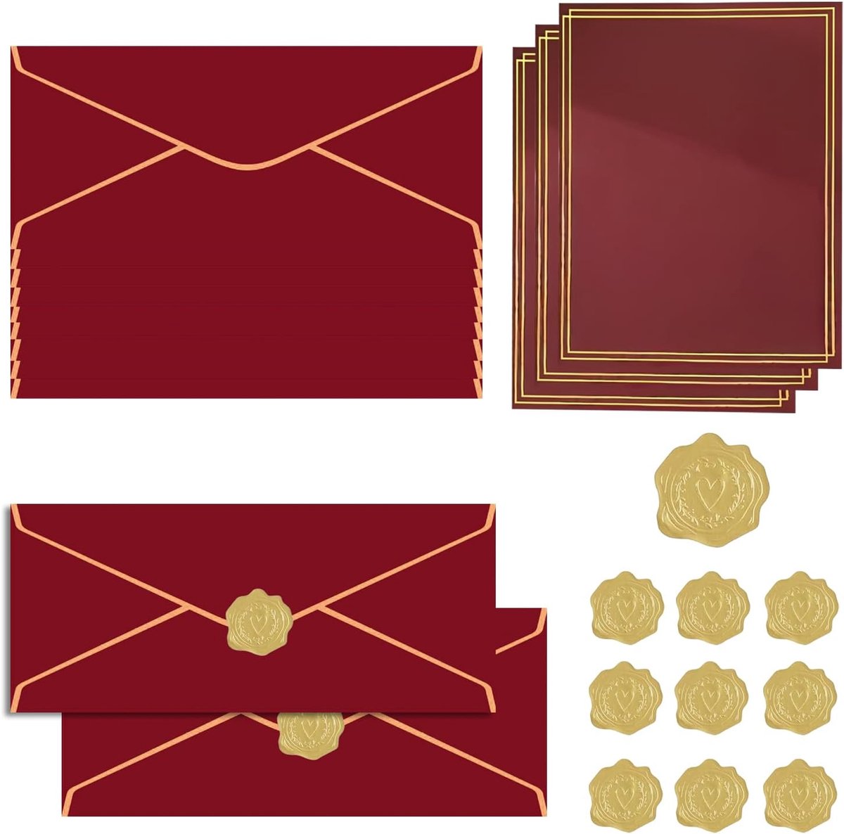 10 Uitnodigingsenveloppen met 12 Vellen Briefpapier, V-flap Enveloppen & Gouden Stickers, Donkerrood, 24,1 x 10,5 cm