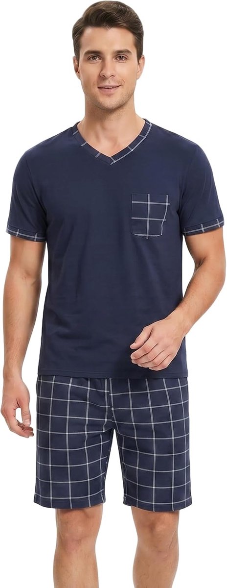 Herenpyjama-set met V-hals en korte mouwen en geruite shorts met zakken, zachte nachtkleding voor heren, pyjamasets, zomerloungewear