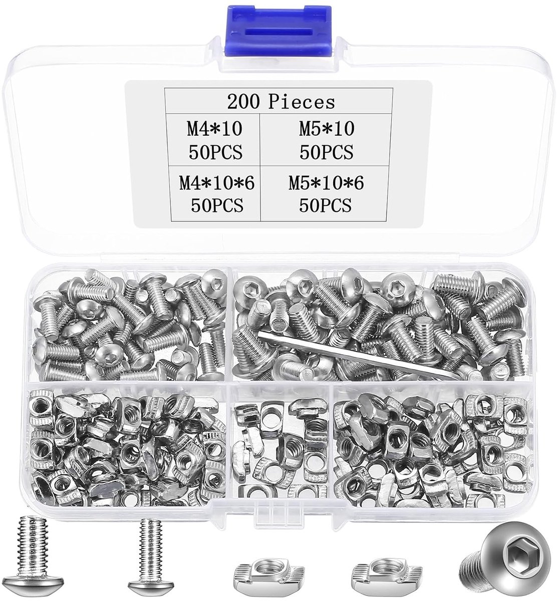 200 stuks M4 M5 schroevenset, lenskop, binnenzeskantschroeven, moeren, draadschroeven met groefstenen, roestvrij staal, machineschroeven, assortiment met hammoeren, T-groefmoeren