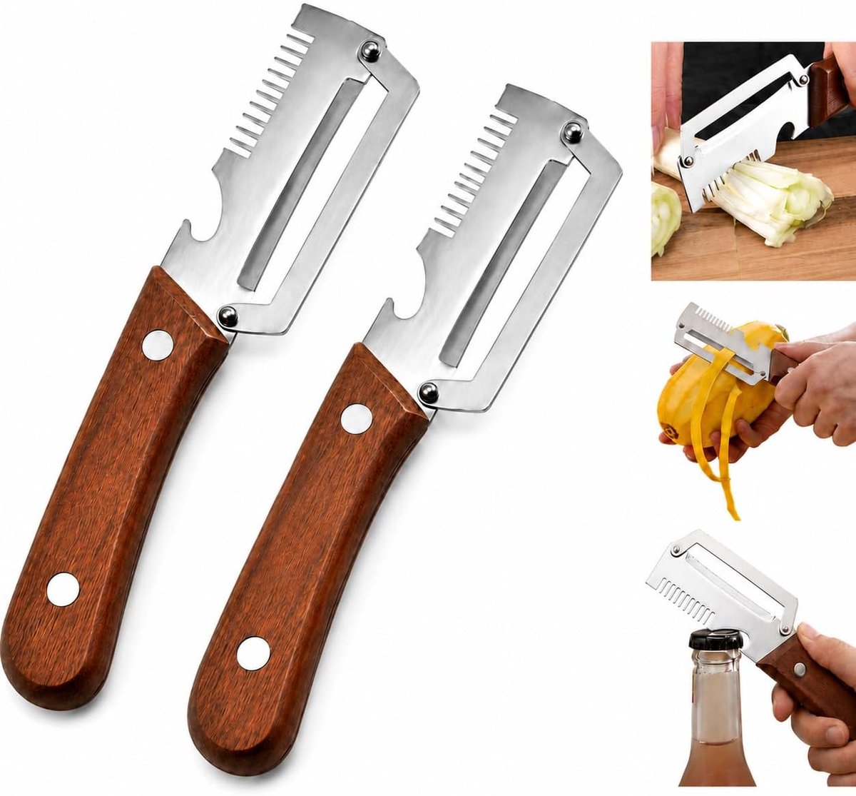 Groenteschiller met houten handvat, 3-in-1 dunschiller van roestvrij staal met julienne-rasp en flesopener, fruit- en groenteschiller voor aardappelen, komkommers, wortelen, uien, 2
