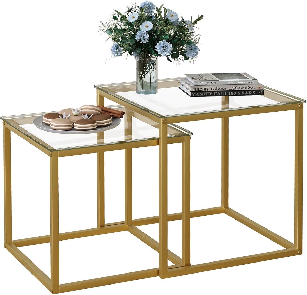 Set van 2 moderne vierkante glazen tafels, kleine bijzettafel, bijzettafel voor woonkamer, slaapkamer, kantoor, 50/45 cm, goud