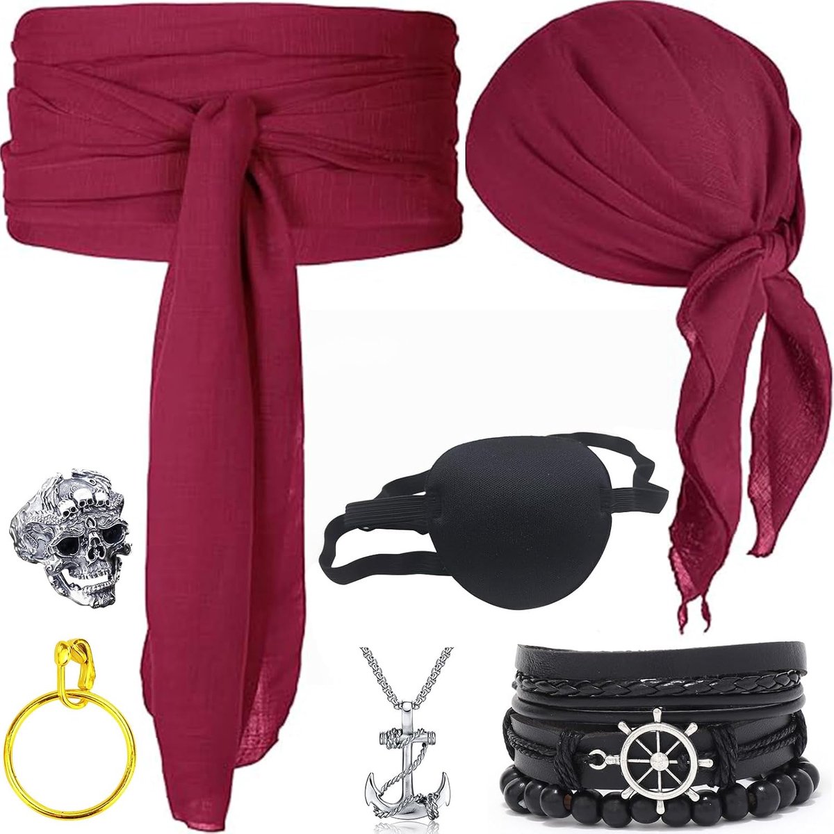 Piratenaccessoireset voor dames en heren, middeleeuws piratenkostuum, accessoires met piratenhoofddoek, piratenriem, oogklep, oorbellen, halsketting en armband, piratenaccessoires voor Halloween