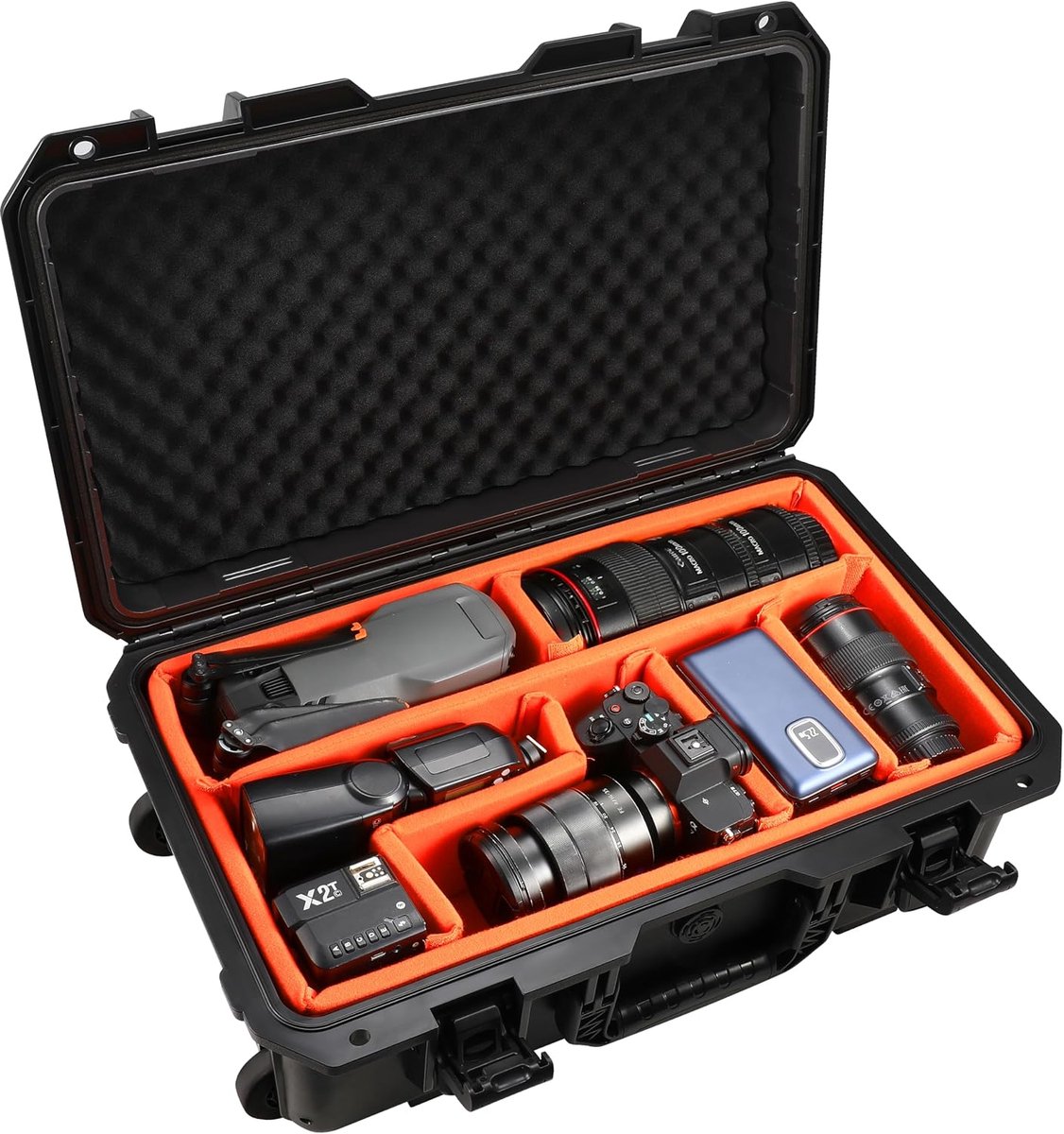 Camera Case Waterdichte Travel Drone Photo Kit Harde Case met gepolsterde verdelers en wielen Stofbestendig/slagbestendig, toegestaan aan boord 22,7 "x13,8" x 8,07" Zwart