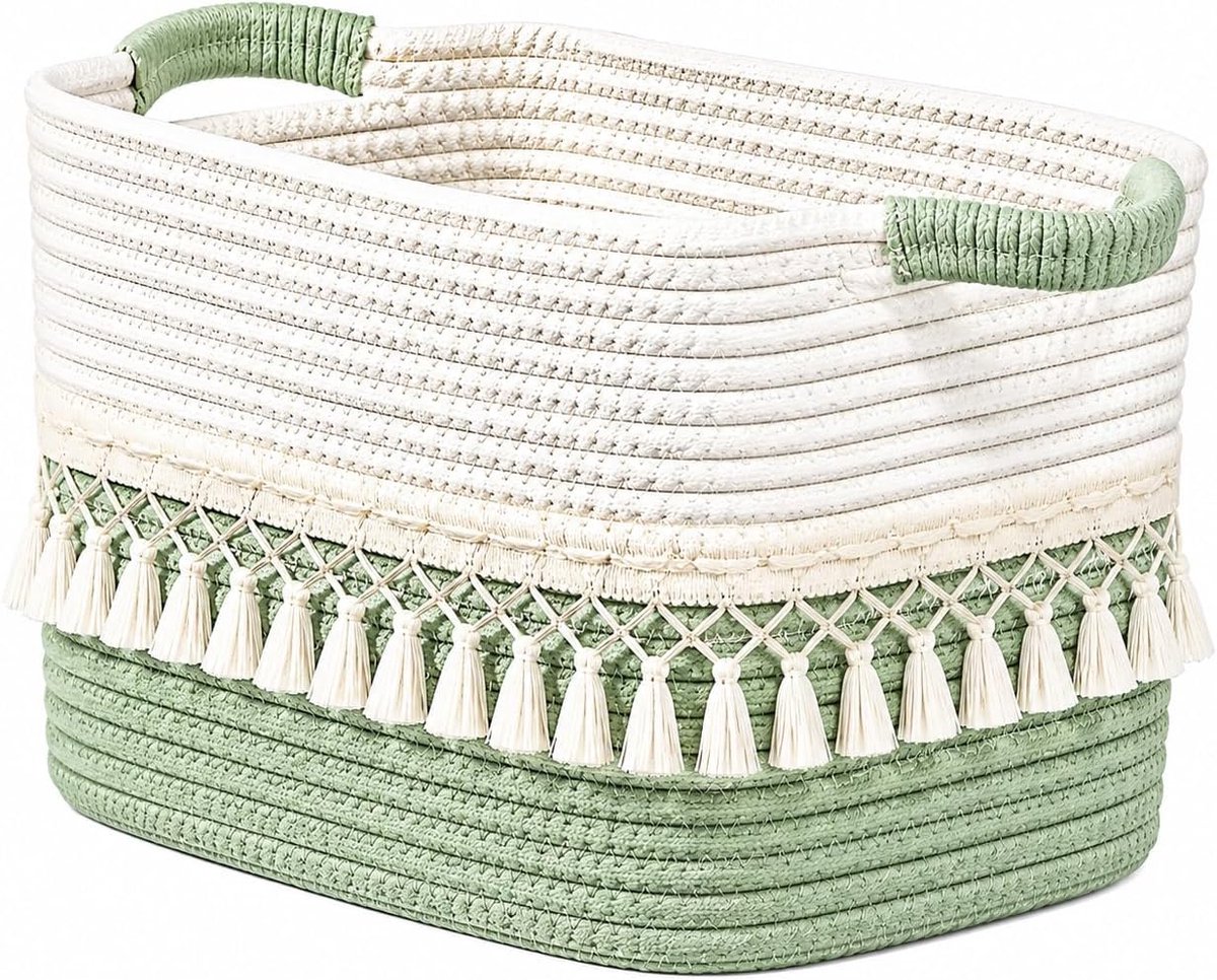 Opbergmanden van gevlochten katoenen touw, groot, boho-stijl, met kwastjes, opbergmanden voor planken, organizerkubussen voor babykleding (groen)