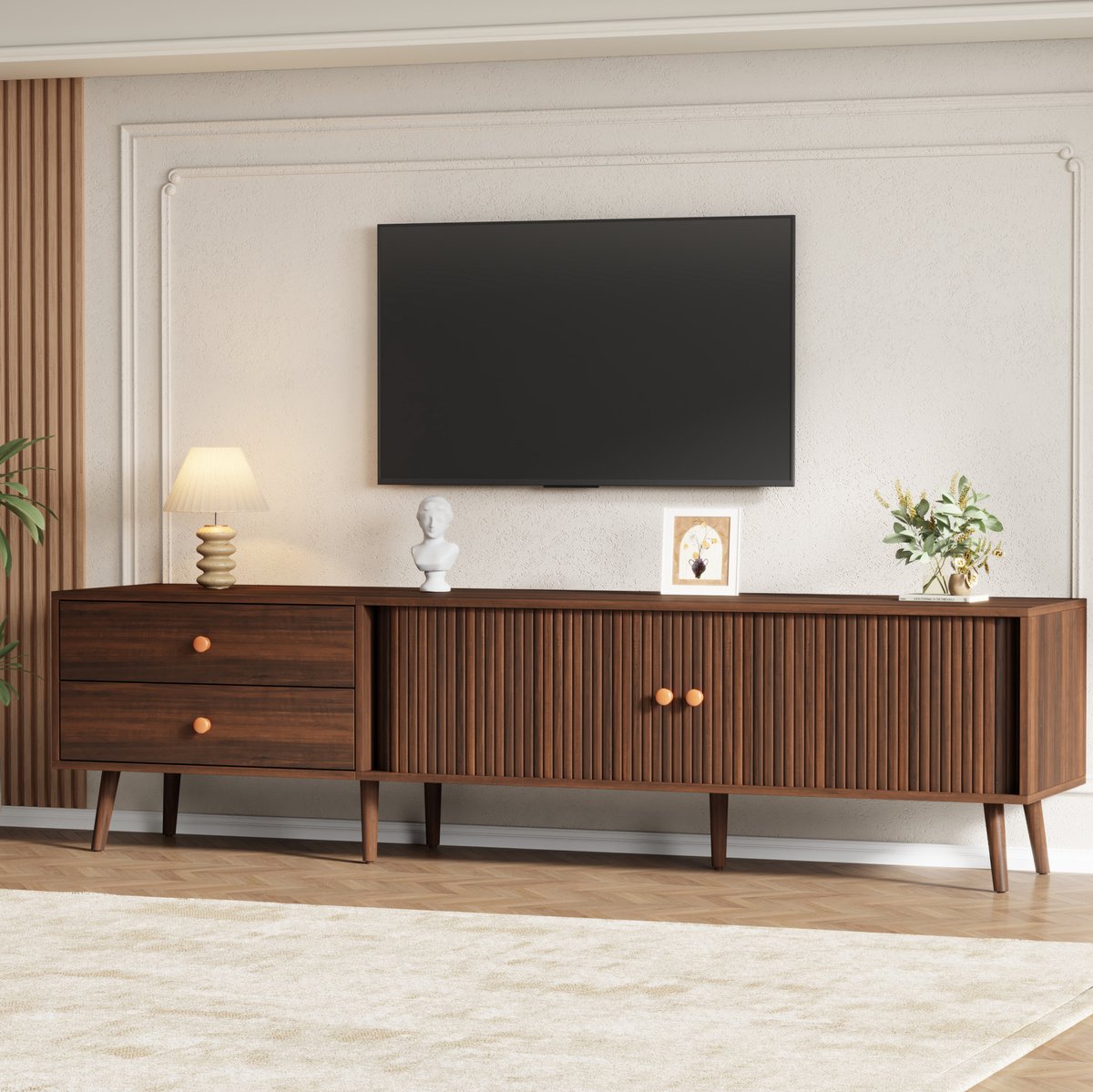 MEUNIQ TV-meubel 180 cm met 2 lades en 2 roldeuren, walnootkleurig MDF lowboard voor televisie tot 80 inch en opbergruimte in de woonkamer