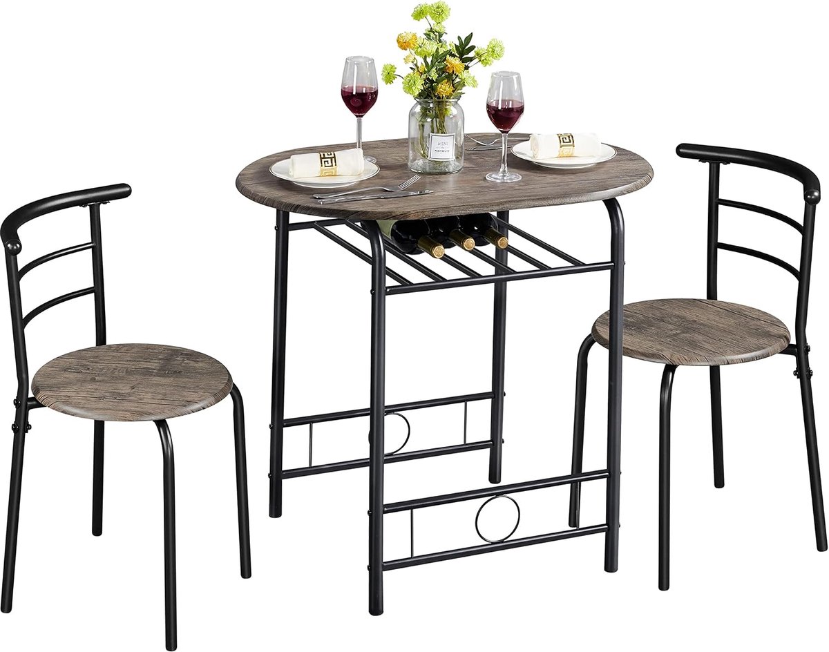 Eetgroep 2 Personen 80x53x75,5 cm - Industrohome Eettafel met 2 Stoelen en Opbergvak, Drift Bruin