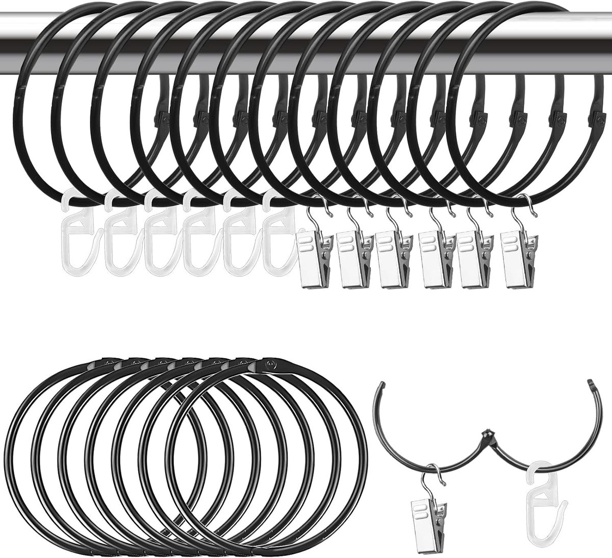 Gordijnringen - Zwart - 50 mm - Metalen Set met Clips en Haken - Voor Gordijnen en Douchegordijnen