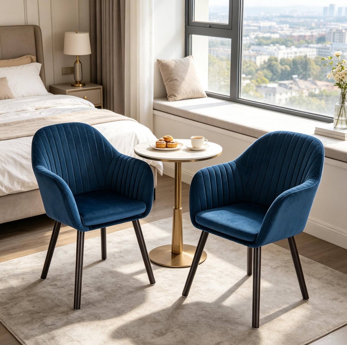 MODENUIT Eetkamerstoel - Set van 2 - Armleuningen en Fluweel - Voor Eetkamer - Hout en Metaal - Blauw Zwart