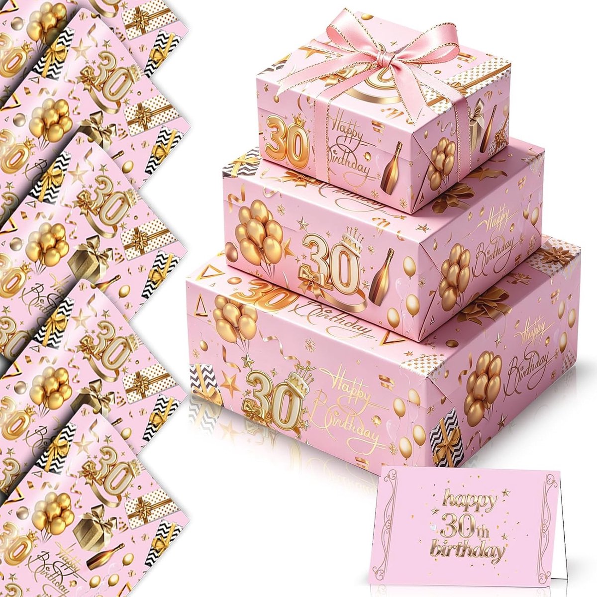 Verjaardagscadeau inpakpapier voor 30e verjaardag - 5 vellen rosegoud 50 x 70 cm met wenskaart en 2 m lintdecoratie voor vrouwen