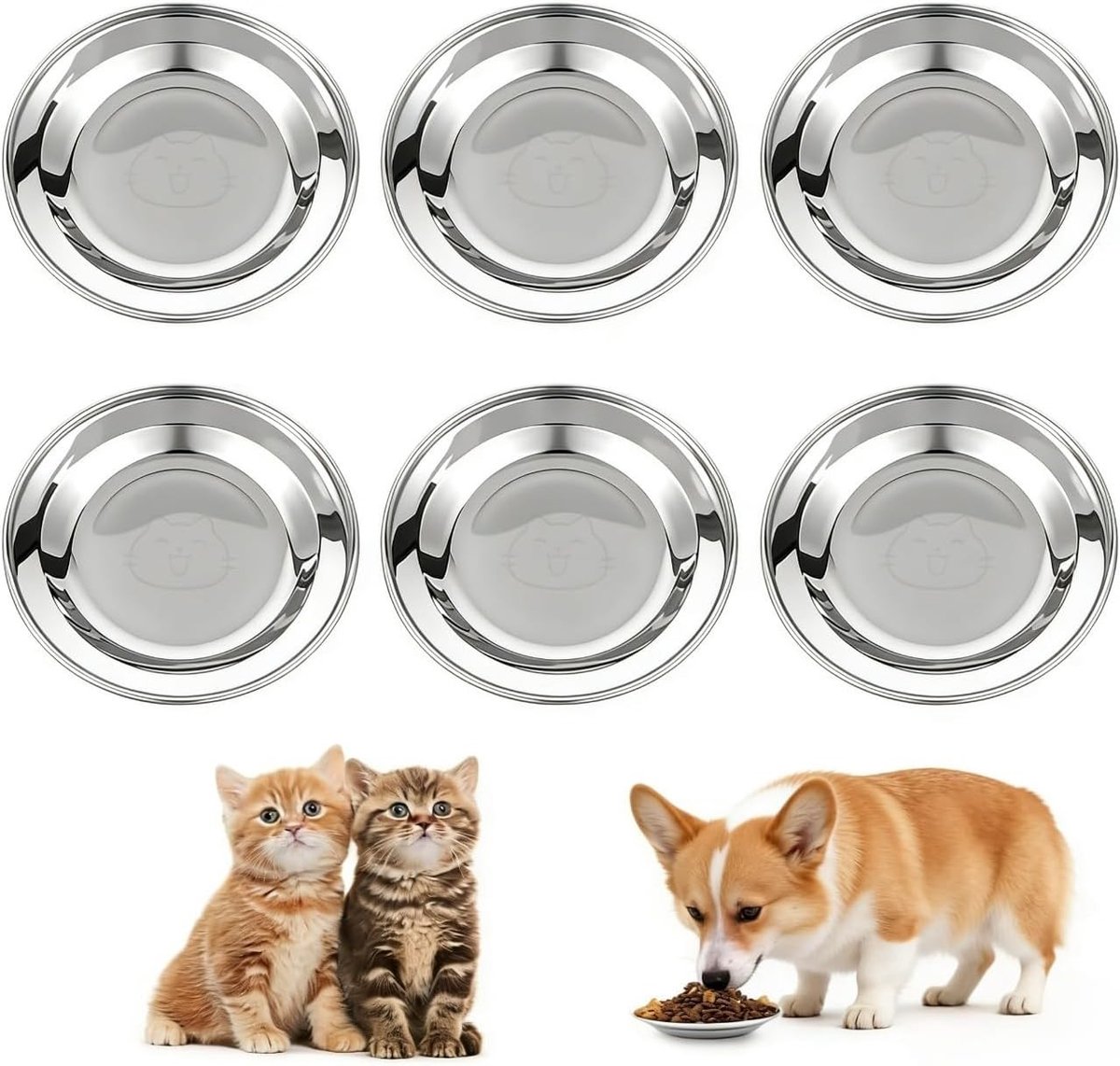 Set van 6 RVS Kattenbakken, 5.5-Inch Voerbakken voor Katten, Duurzaam en Makkelijk Schoon te Maken