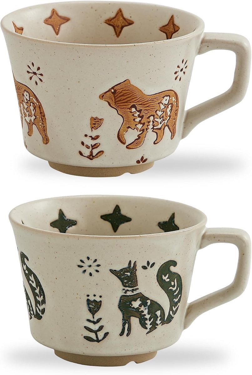 Set van 2 Vintage Keramische Koffiemokken van 350ml - Handgemaakte Aardewerk Mok voor Koffie, Thee en Chocolademelk met Grote Handgreep, Vaatwasser- en Magnetronbestendig