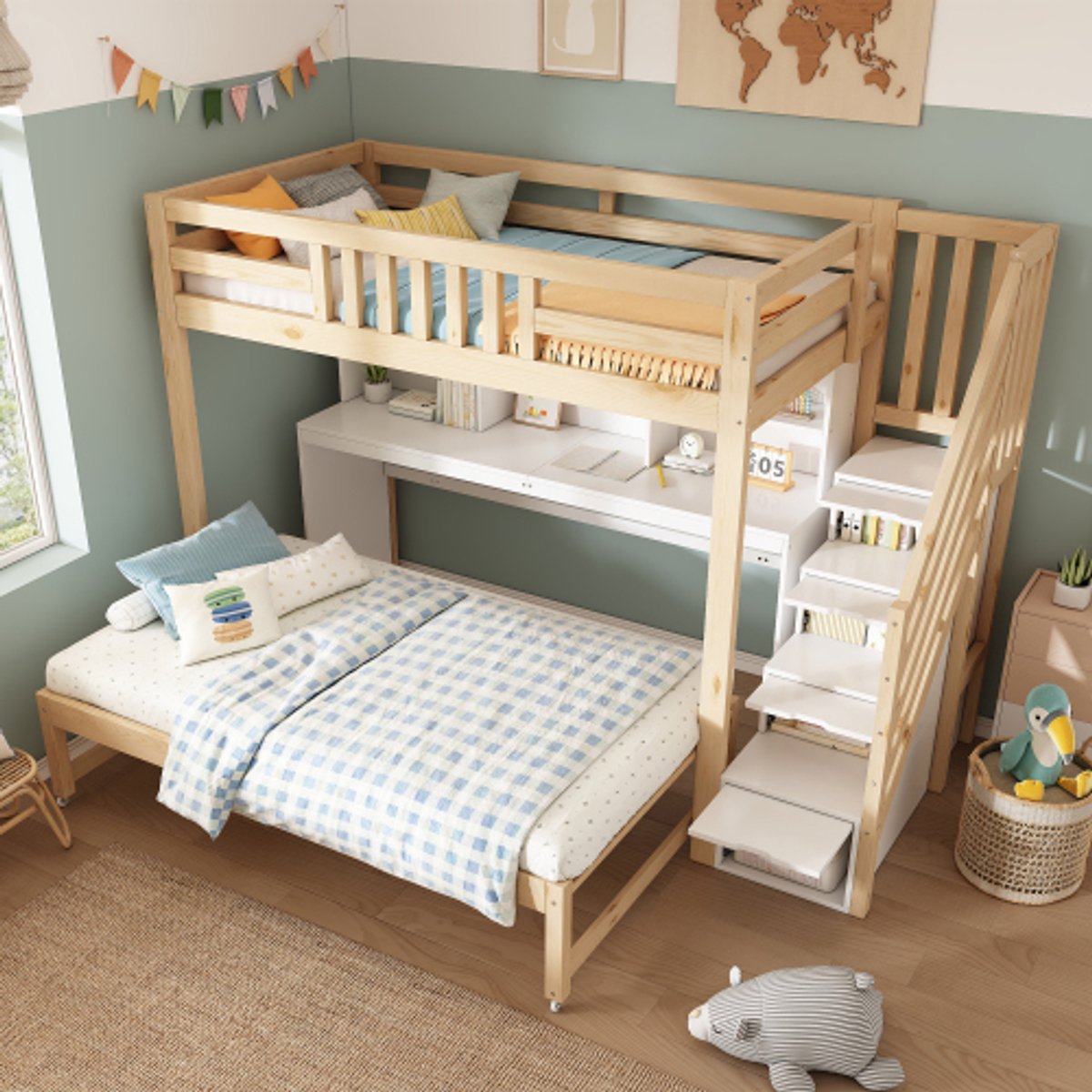 Zubaliya Multifunctioneel Kinderbed Stapelbed 90x200 + 90x190 cm - Houten Hoogslaper met Uittrekbaar Bed op Wielen, Verrijdbaar Bureau & Trapkast - EN 747-1:2024 - Wit & Eiken Wit & Eikenhout