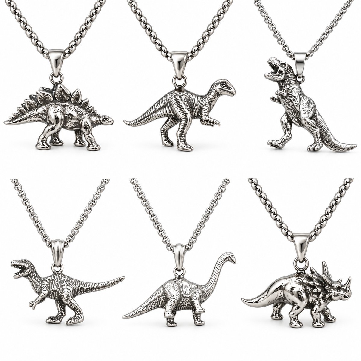 Mitear Dinosaurus Kettingenset 6 Stuks – Stainless Steel – Zilverkleurige 3D Hangers