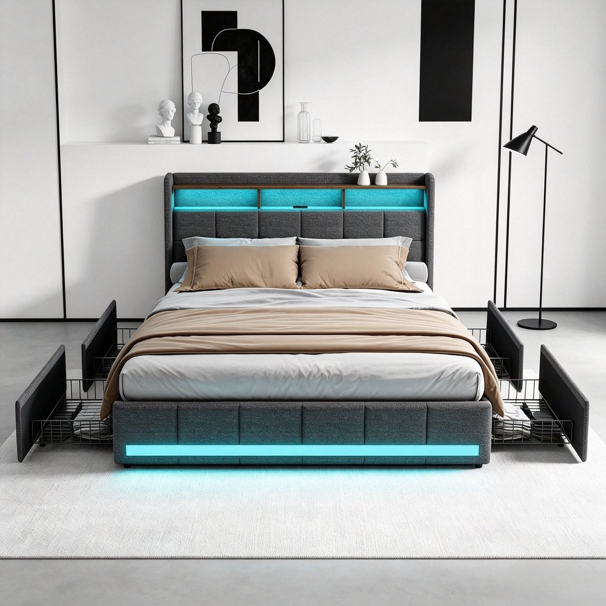 ROSAHQNDA Tweepersoonsbed 140x190 cm, gestoffeerd bed met LED-hoofdbord en 4 opberglades, modern design, linnen, grijs, zonder matras