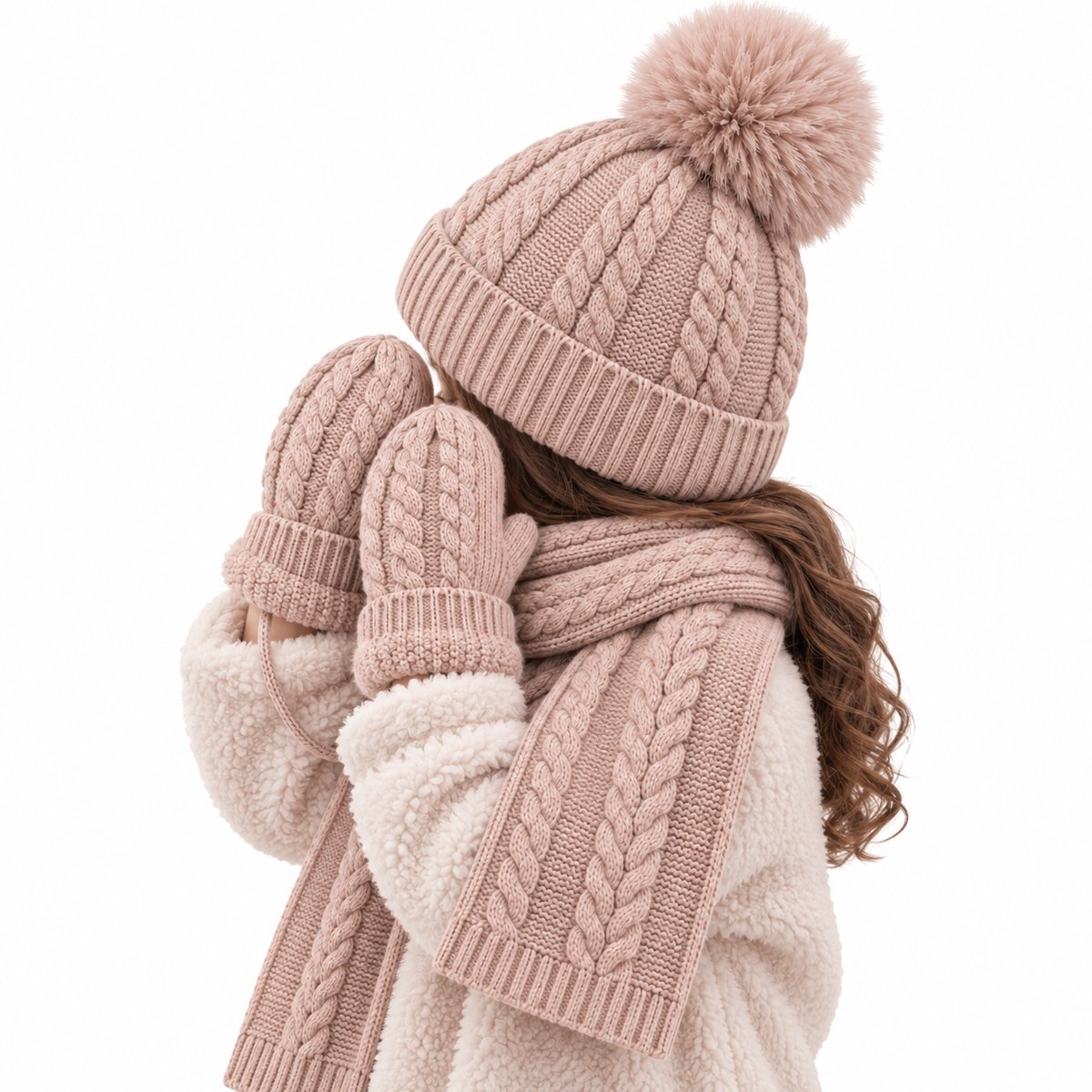 BRD® Kind Winter set Beige - Gevoerde Muts, Sjaal Wanten met Touw - Gebreid