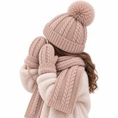 BRD® Kind Winter set Beige - Gevoerde Muts, Sjaal Wanten met Touw - Gebreid